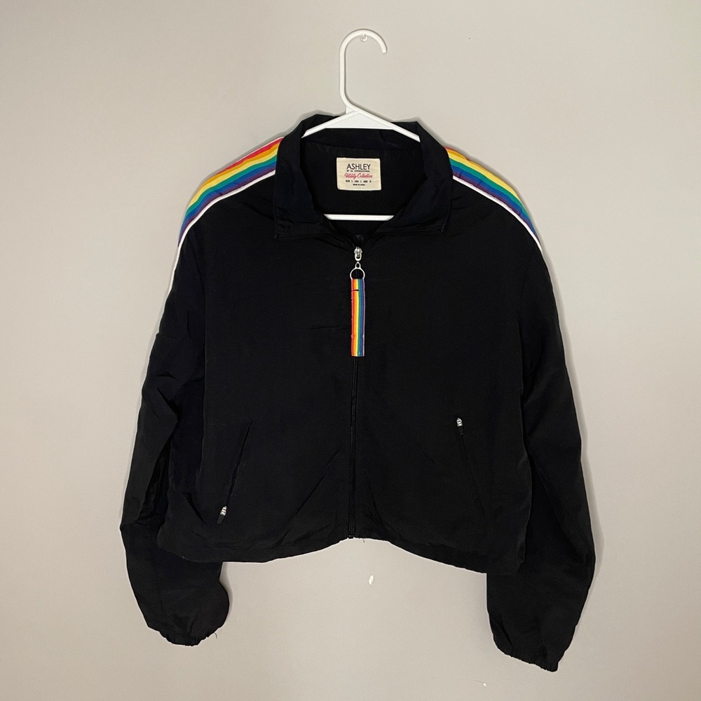 Ashley Utility Collection Windbreaker Jacket - Black with Rainbow Strips
